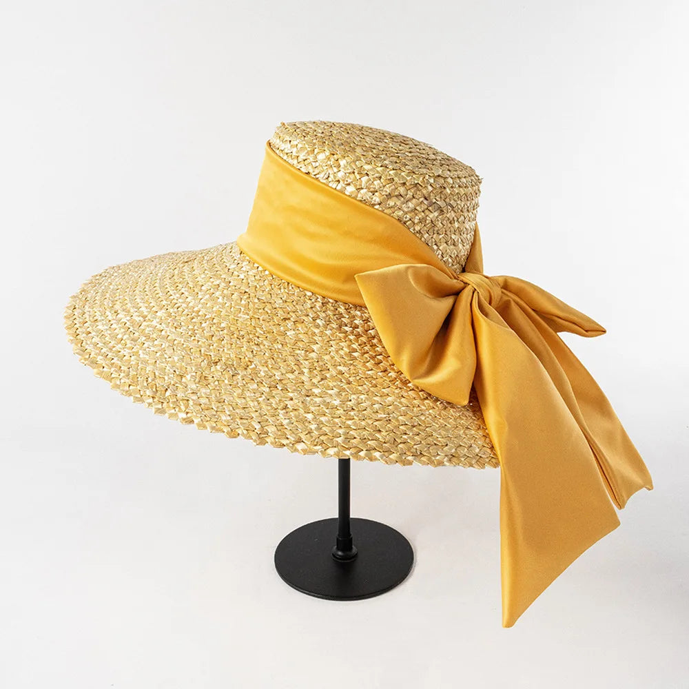 High-quality hand-knitted petal Wheat Straw flat top large eaves basin hat women's fashion big bow beach sun shade straw hat