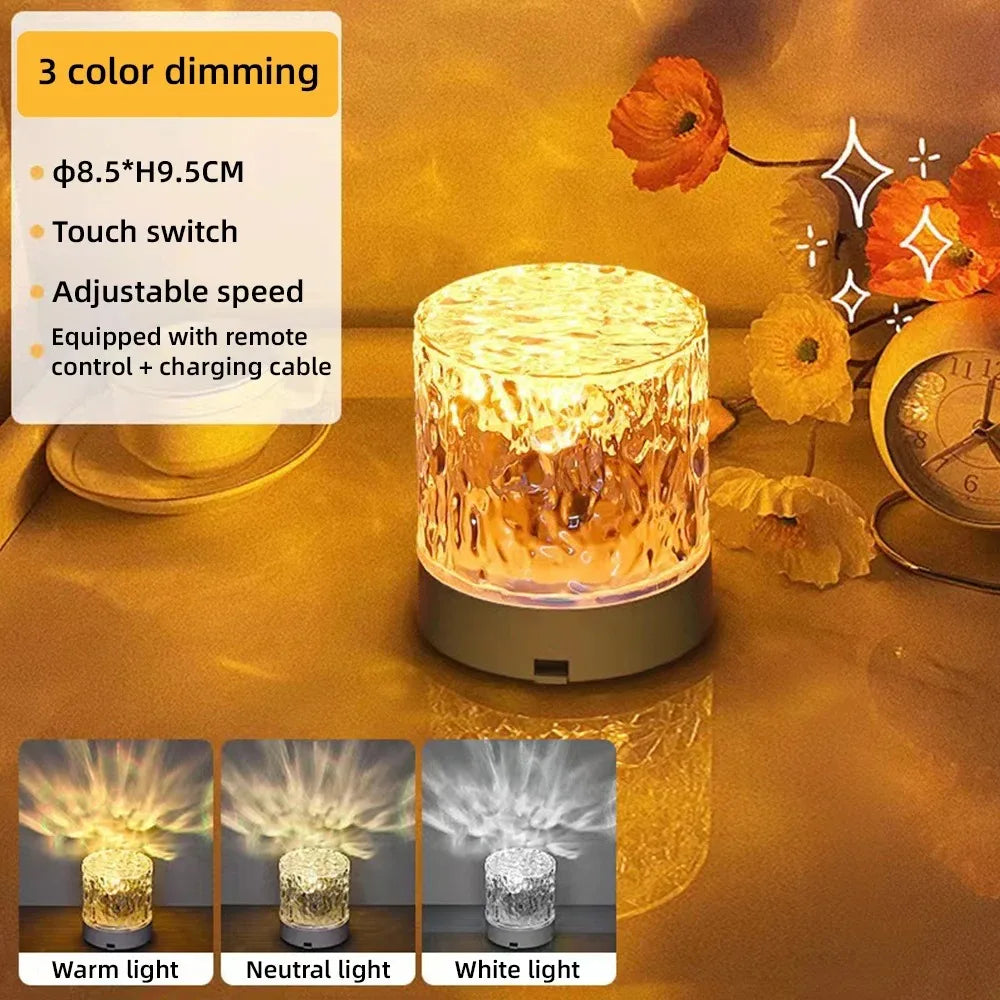 LED Water Ripple Ambiance Night Light USB Rotating Projection Crystal Table Lamp RGB Dimmable for Bedroom Bedside Game Room Gift