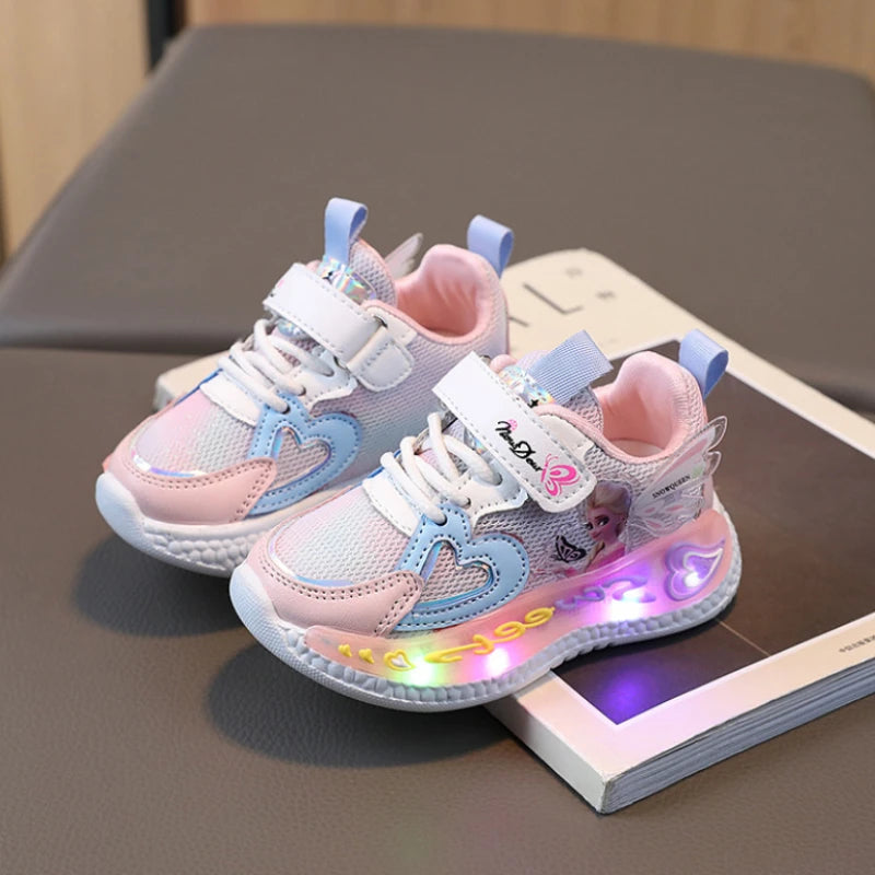 Brand Kids Girls Shoes Led Lights 2024 New Children Sneakers Girls Elsa Frozen Princess Casual Sport Shoes Baby Anti-slip Shoes