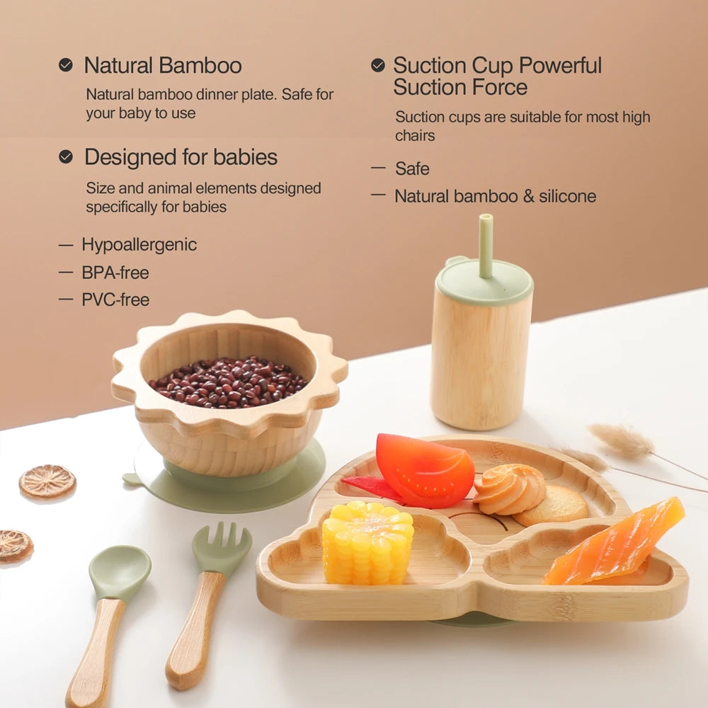 Baby Bamboo Dinnerware With Silicone Suction Cups Kid Feeding Tableware Set Bowl Plate Fork Spoon Cup Baby Feeding Supplies Gift