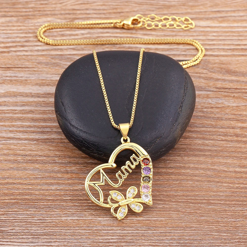 Classic Heart Shape Inlaid Mom Letter Rainbow Crystal Zircon Pendant Gold Plated Necklace Women Elegant Jewelry Exquisite Gift