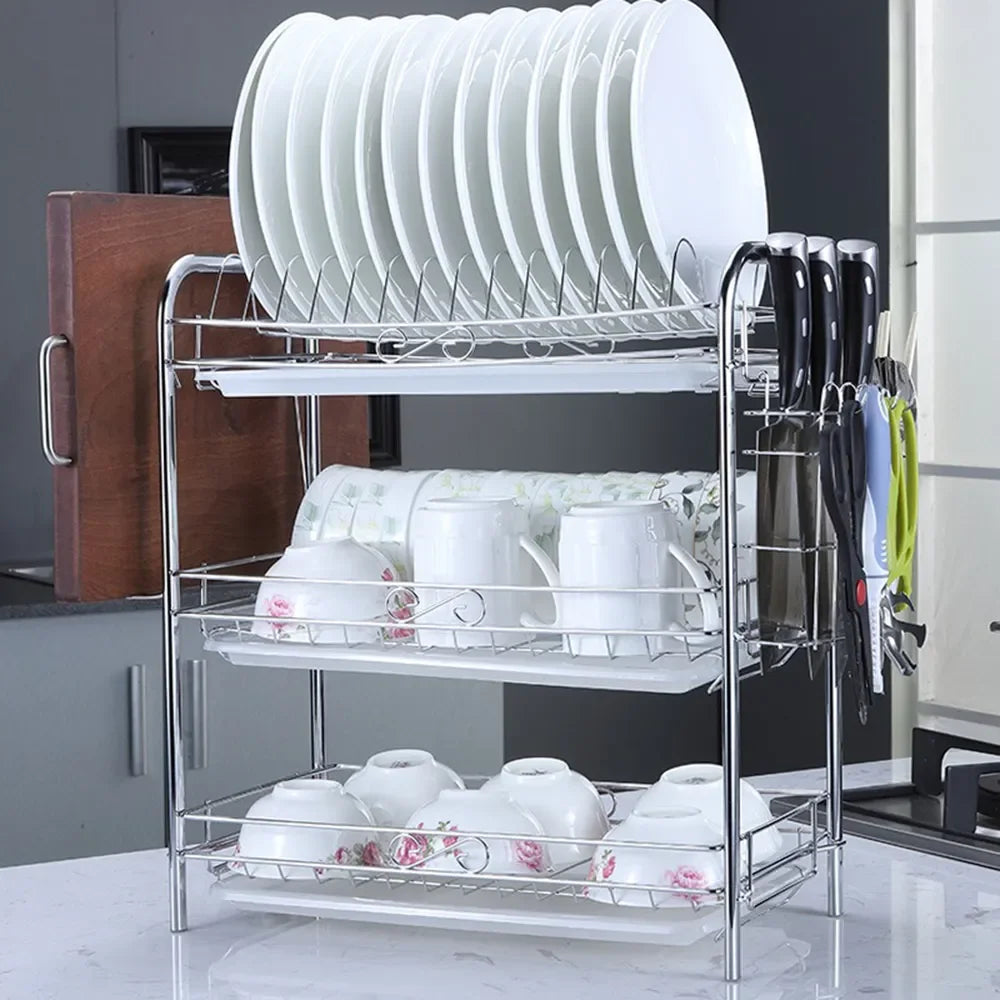 3-Tier Dish Drying Rack Kitchen Storage Shelf with Drain Board Countertop Dinnerware Organizer Kitchen Organizer Drainer