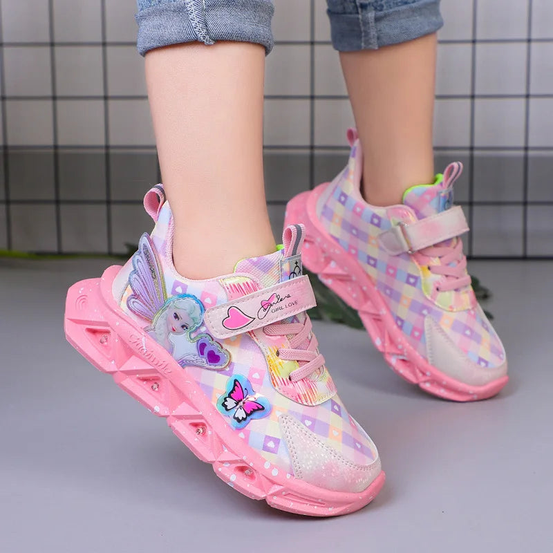 Disney Children's Sports Shoes Led Lights Sneaker Cartoon Frozen Princess  Elsa PU Leather Girls' Pink Children's Running Shoes