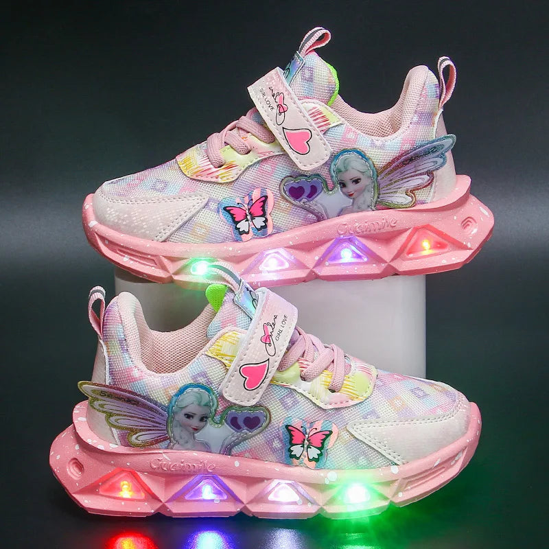 Disney Children's Sports Shoes Led Lights Sneaker Cartoon Frozen Princess  Elsa PU Leather Girls' Pink Children's Running Shoes