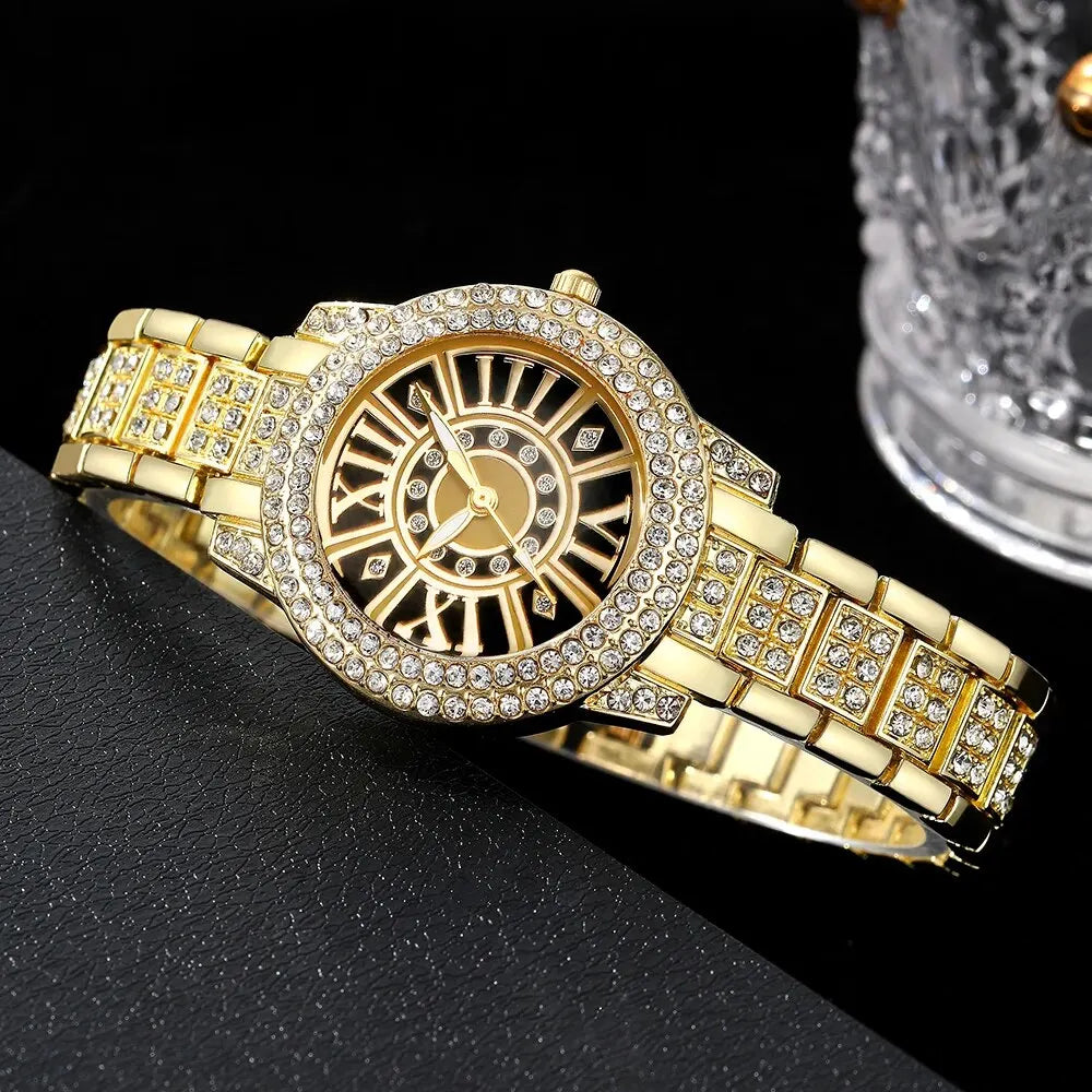 2pcs Luxury Quartz Wristwatches Simple Bracelet Women Leisure Casual Round Pointer Rhinestone Dial Watch Rhinestone Bracelet Set