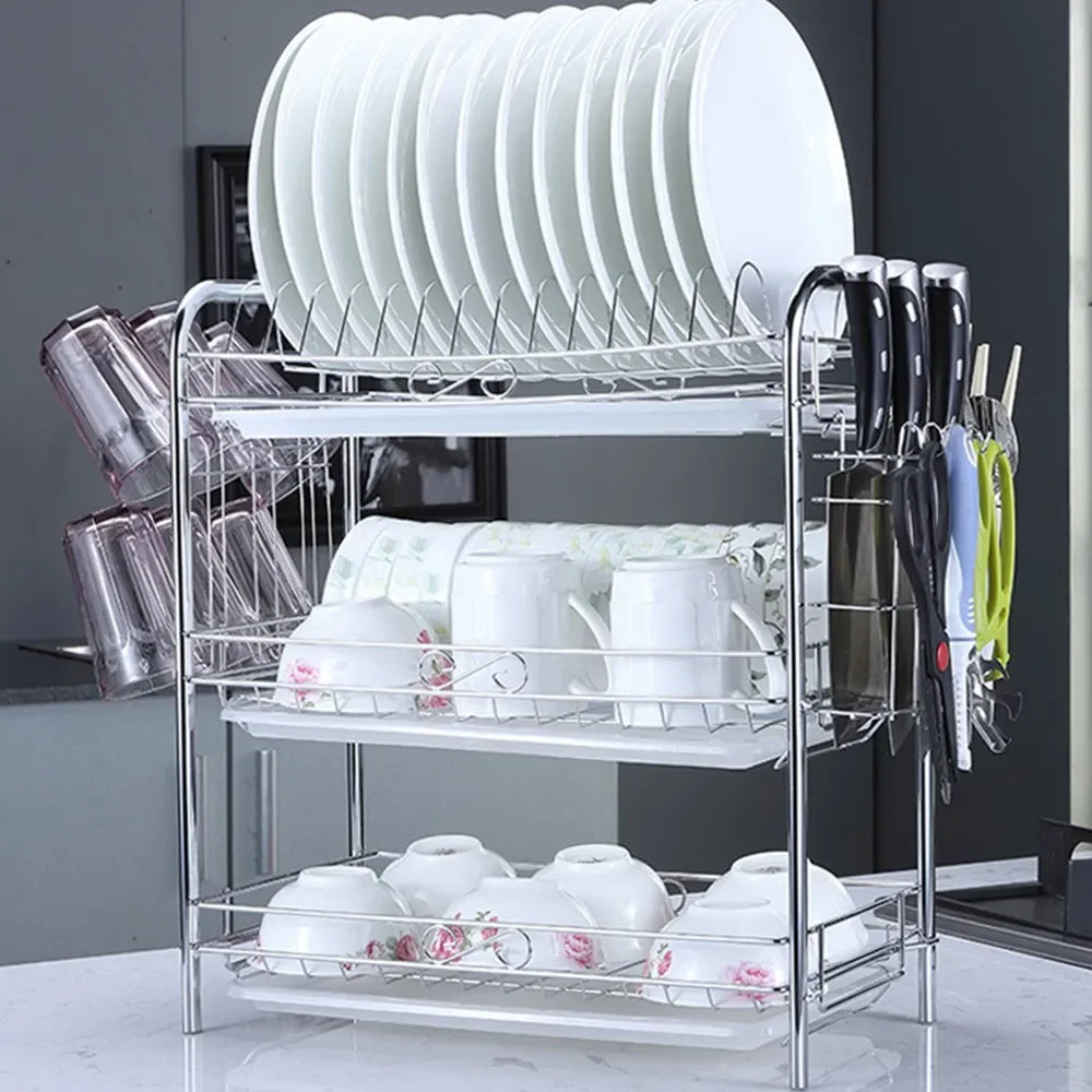 3-Tier Dish Drying Rack Kitchen Storage Shelf with Drain Board Countertop Dinnerware Organizer Kitchen Organizer Drainer