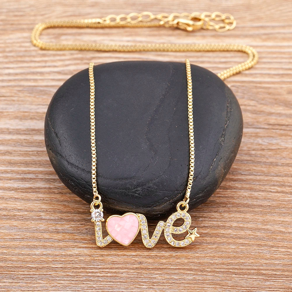 Nidin Romantic Love Letter Inlaid Pink Heart-Shaped Shell Shiny Zircon Pendant Necklace Women Charm Jewelry Wedding Fine Gift