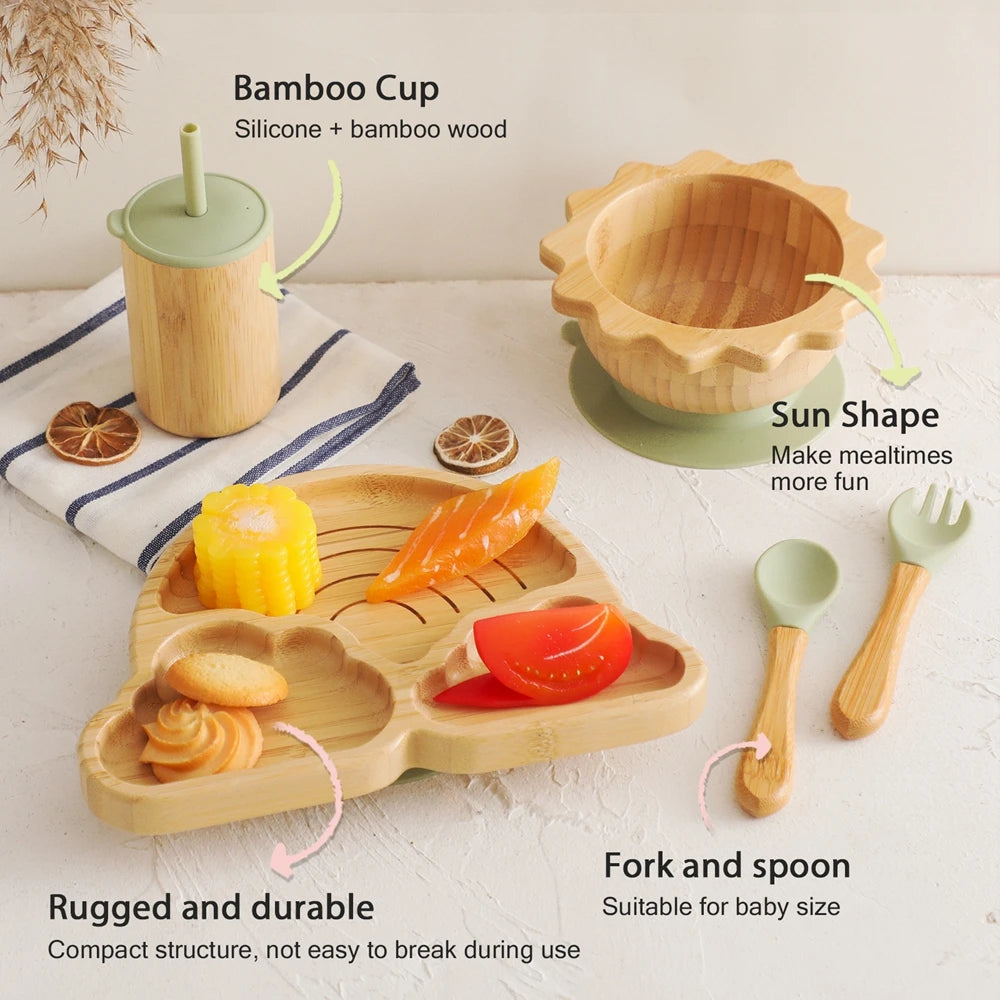 Baby Bamboo Dinnerware With Silicone Suction Cups Kid Feeding Tableware Set Bowl Plate Fork Spoon Cup Baby Feeding Supplies Gift