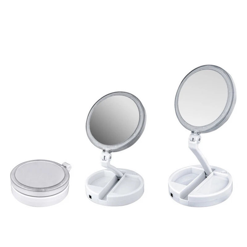 Folding 10x Magnifying Tabletop Cosmetic Makeup Led Light Double-sided Mirror