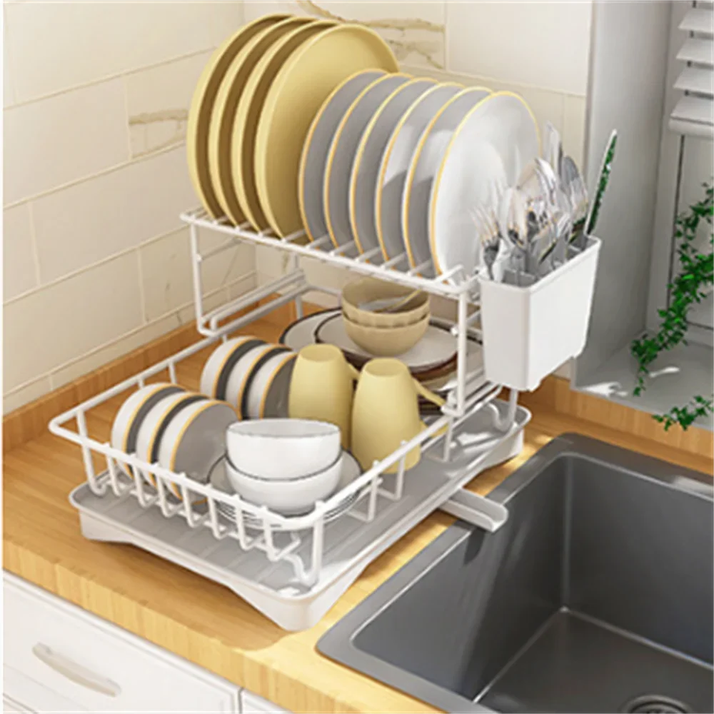 Double-layer Metal Kitchen Dish Bowl Drying Rack with Drainboard Dish Racks With Chopstick Cage Tableware Organizer Basket