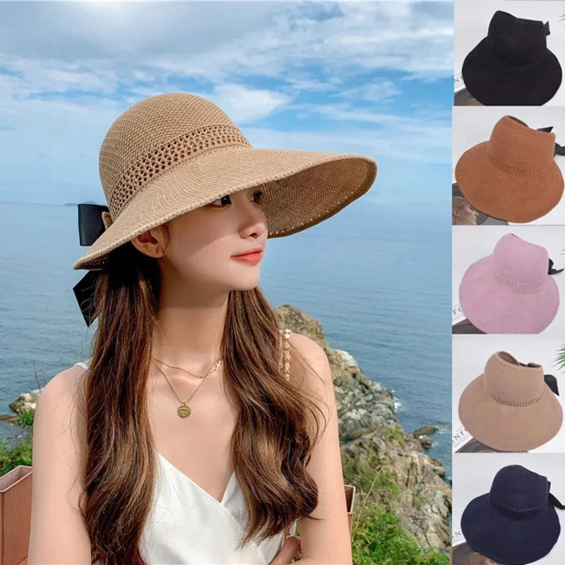 Summer Women Empty Sun Hat Breathable Hollow Foldable Big Brim Sun-proof Visor Cap Straw Hat Outdoor Travel UV Beach Cap