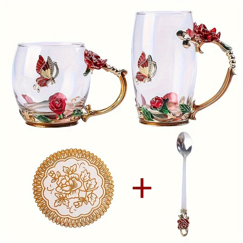 Ensemble de tasse floral  a thé floral en verre émaillé, 350 ml/320ml