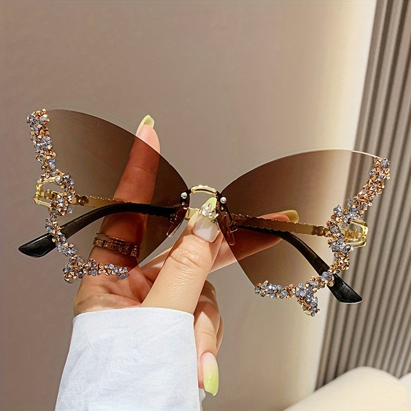 Rimless Butterfly Glasses For Women, Bling Rhinestone, Gradient Decorative Shades, Lightweight Silicone Nose Rest, Curved Leg Design, Costume Party Prom Fashion Accessories