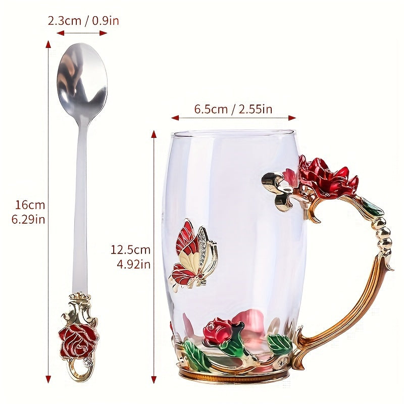 Ensemble de tasse floral  a thé floral en verre émaillé, 350 ml/320ml