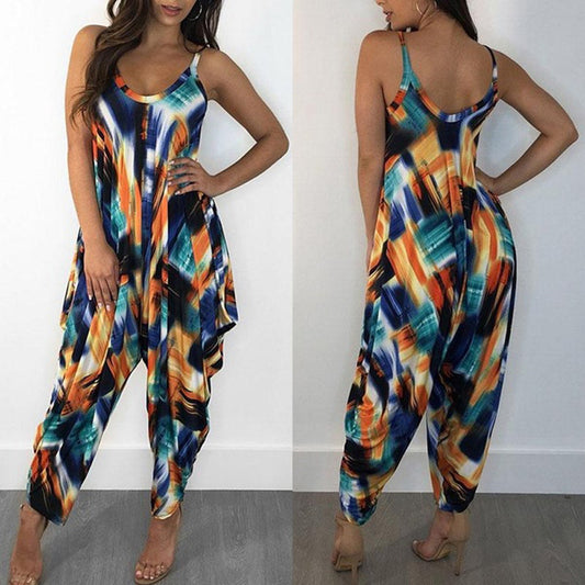 Printed Loose Suspenders Women Jumpsuit