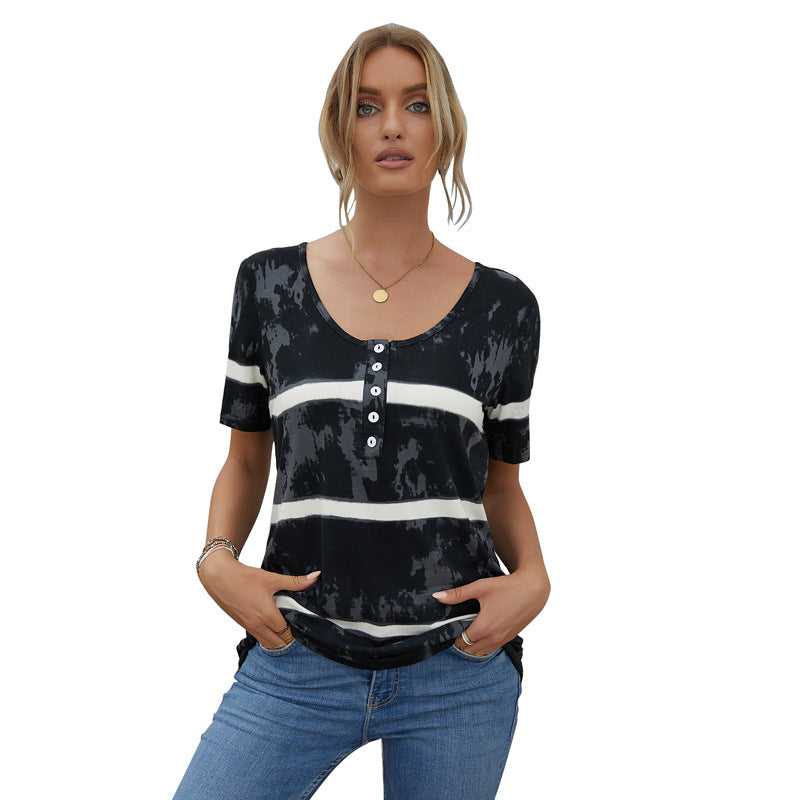 Women's Fashion Striped Short-sleeved T-shirt Tie-dye Top