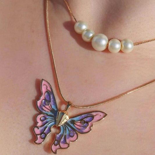 Butterfly Necklace Pearl Double Strand