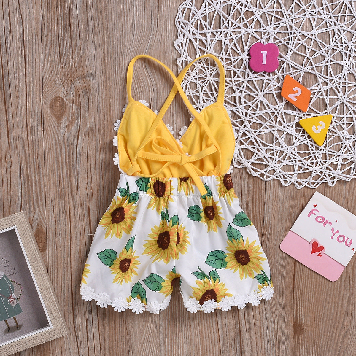 Children's Clothing Girls Baby Jumpsuits Children Sunflower Sling Lace Jumpsuit