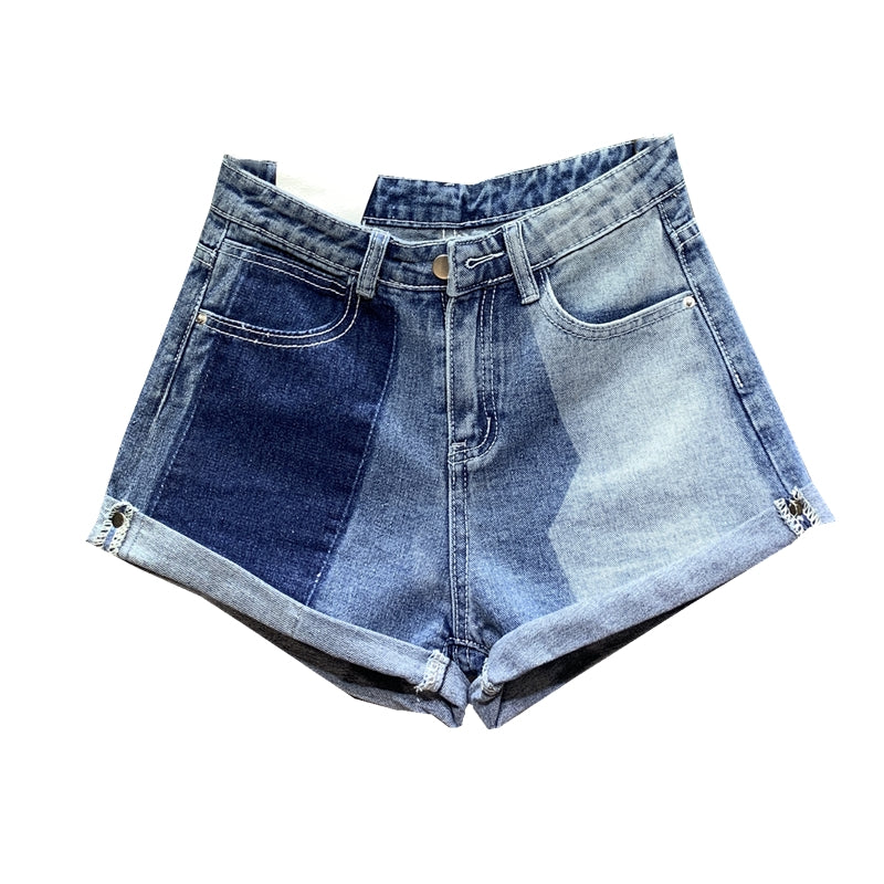 Cowgirl Shorts Stitching Curled Solid Color A-line Short Half-length Jeans