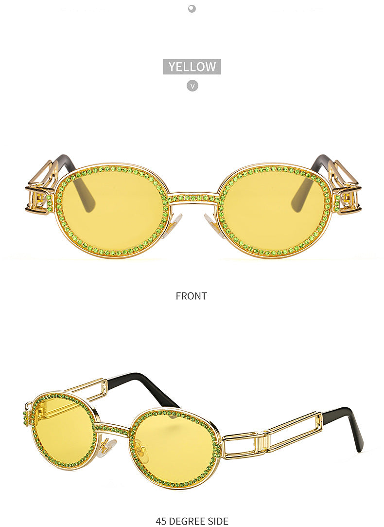 Diamond-studded Sunglasses Women Fashion Steampunk Round Frame