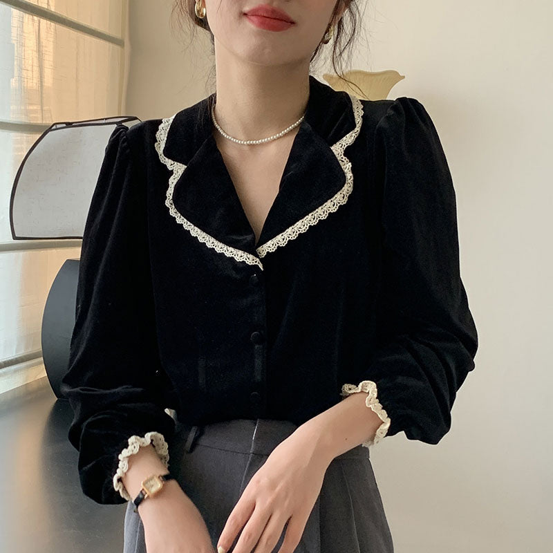 Bubble Sleeve Velvet Blouse Top For Women