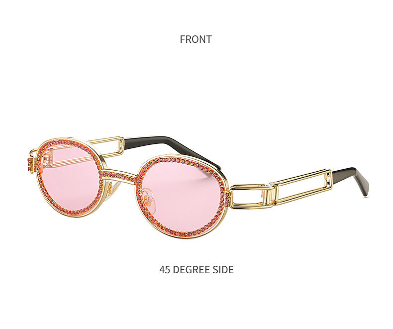 Diamond-studded Sunglasses Women Fashion Steampunk Round Frame