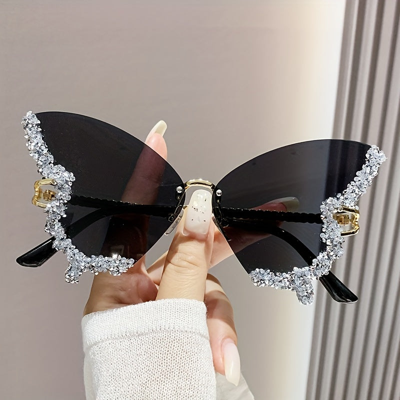 Rimless Butterfly Glasses For Women, Bling Rhinestone, Gradient Decorative Shades, Lightweight Silicone Nose Rest, Curved Leg Design, Costume Party Prom Fashion Accessories