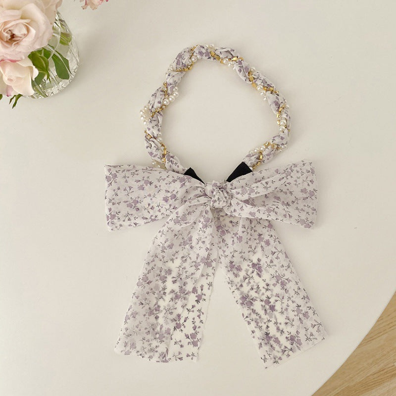 Women's Fashion Pearl Floral Ribbon Hair Band