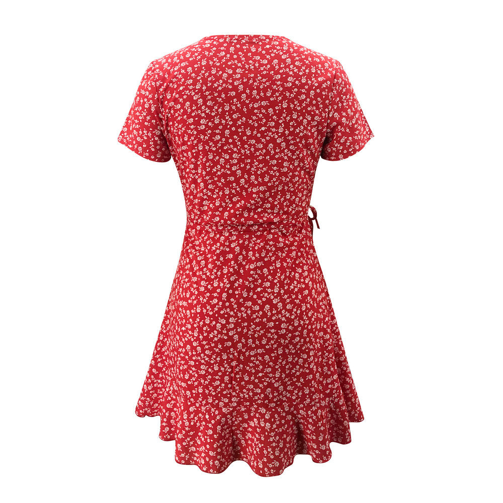 European And American Summer V-neck Ruffled Lace A-line Slim Dress