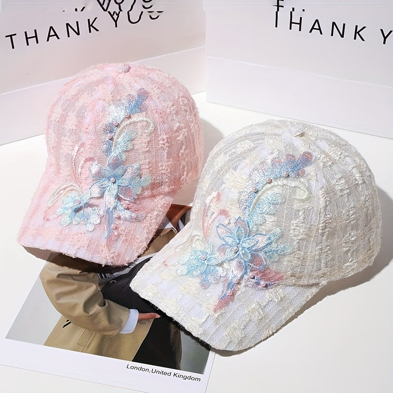 Vibrant Floral Woven Baseball Cap for Women - Breathable, Elastic, and Trendy Sun Protection Hat with Embroidered Flowers - Perfect for Fantasy Lovers