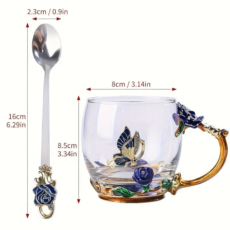 Ensemble de tasse floral  a thé floral en verre émaillé, 350 ml/320ml