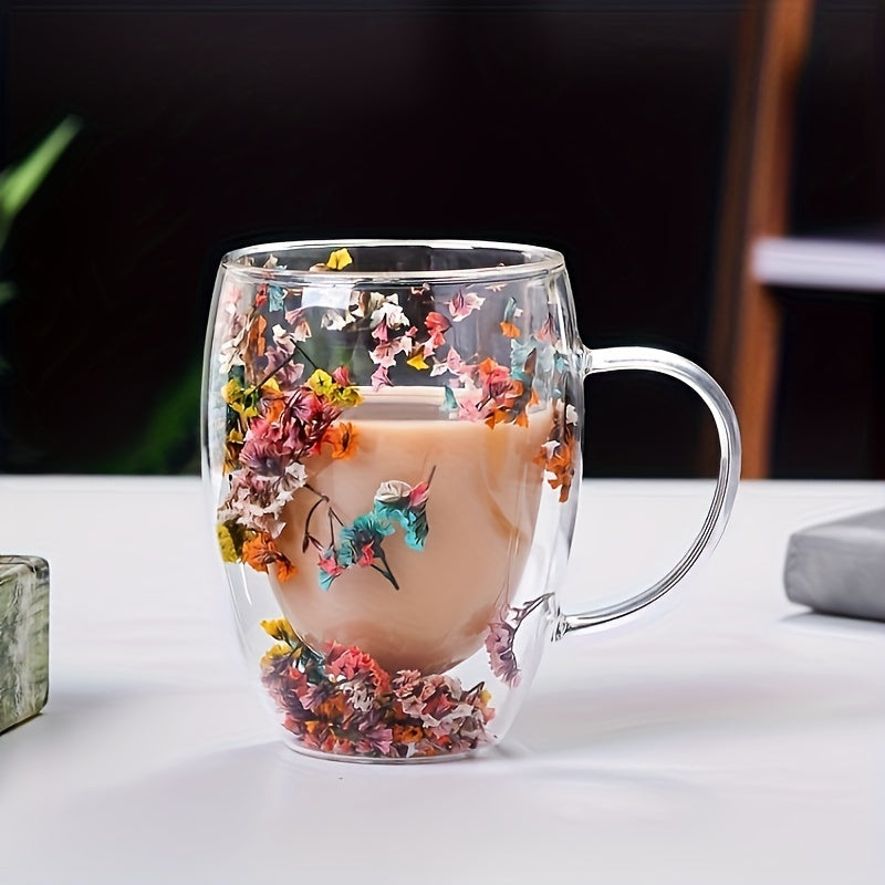 2-4-6pcs 11.830z Double-walled Glass Coffee Cup, with Dried Flowers, Insulation, Can be Repeatedly Used for Espresso, Iced Coffee and Juice - Hand Washing Only, for Return School