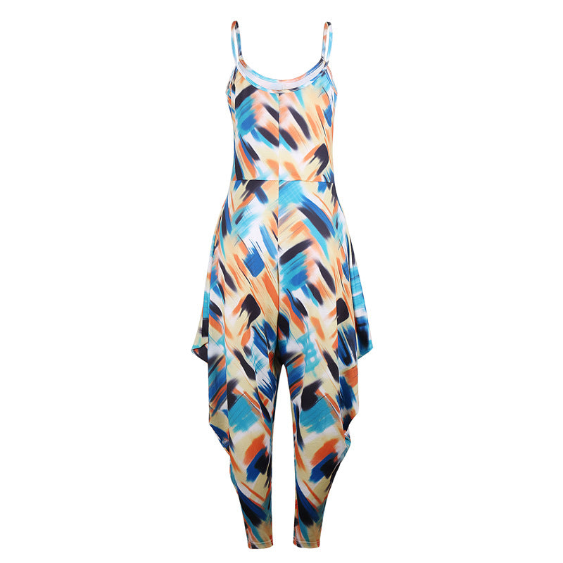 Printed Loose Suspenders Women Jumpsuit