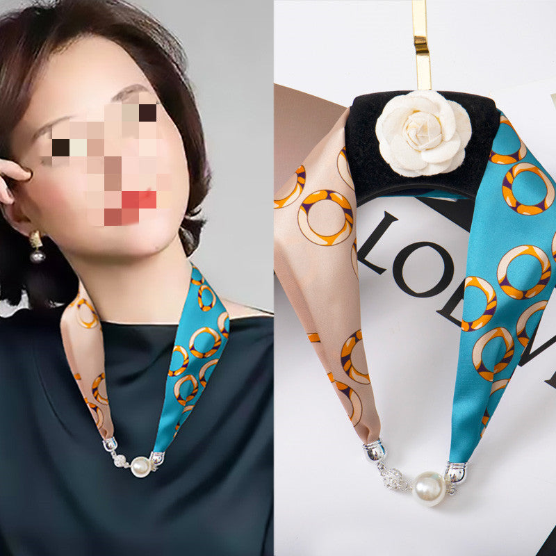 Magnetic Buckle Silk Women Scarf Pearl Necklace