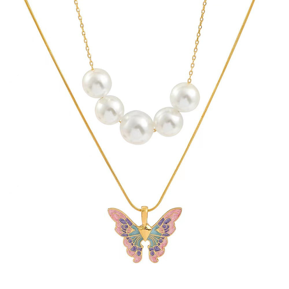 Butterfly Necklace Pearl Double Strand