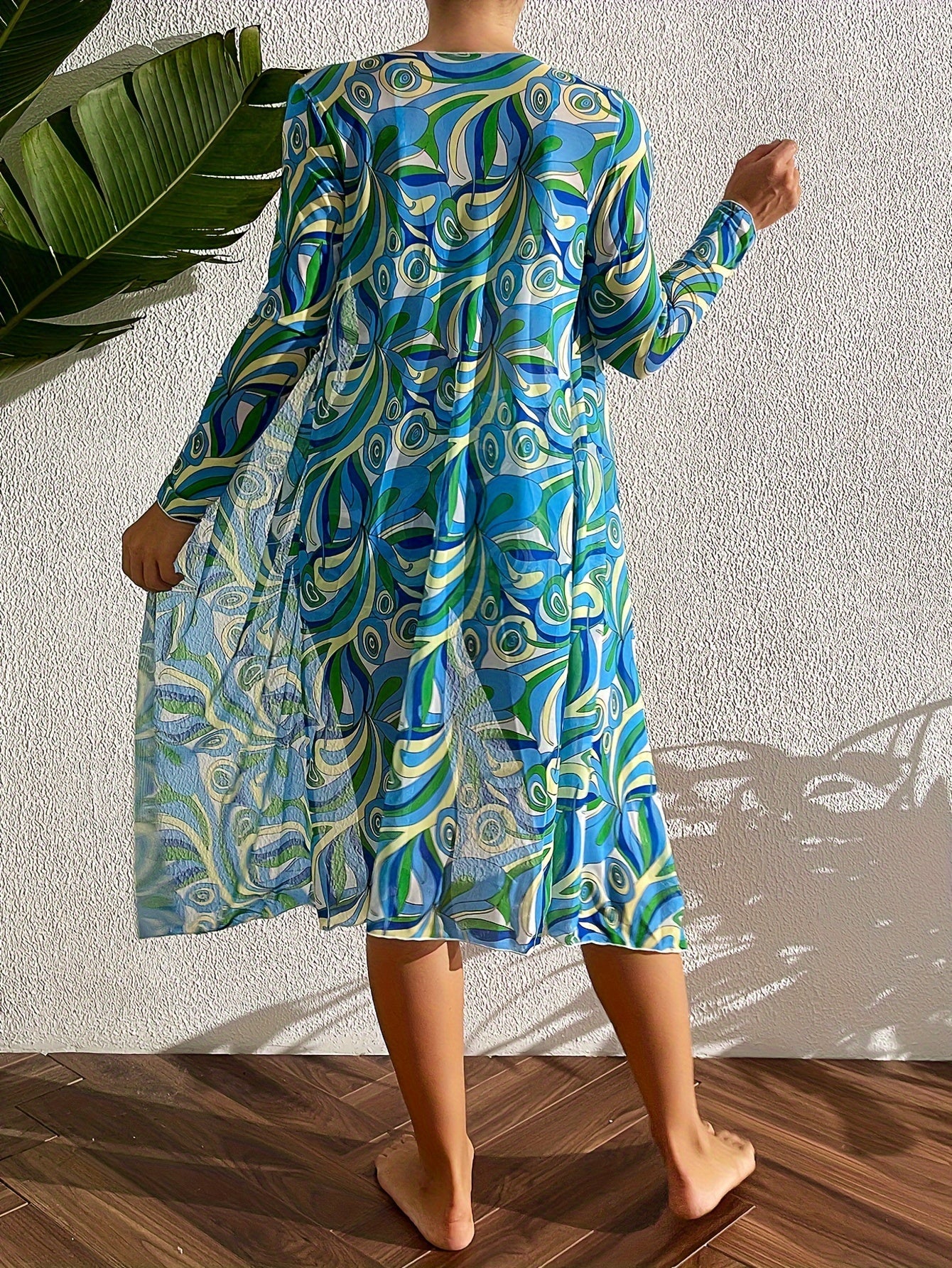 Chic 3-Piece Bikini Set with Geometric Print - High-Rise Boxer Shorts & Sheer Long Sleeve Kimono Cover-Up - Versatile Beachwear for Women