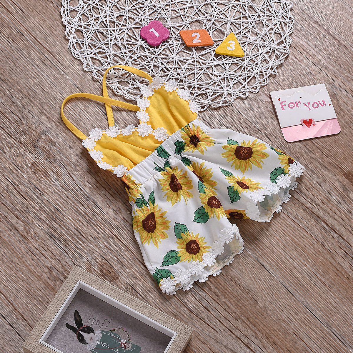 Children's Clothing Girls Baby Jumpsuits Children Sunflower Sling Lace Jumpsuit