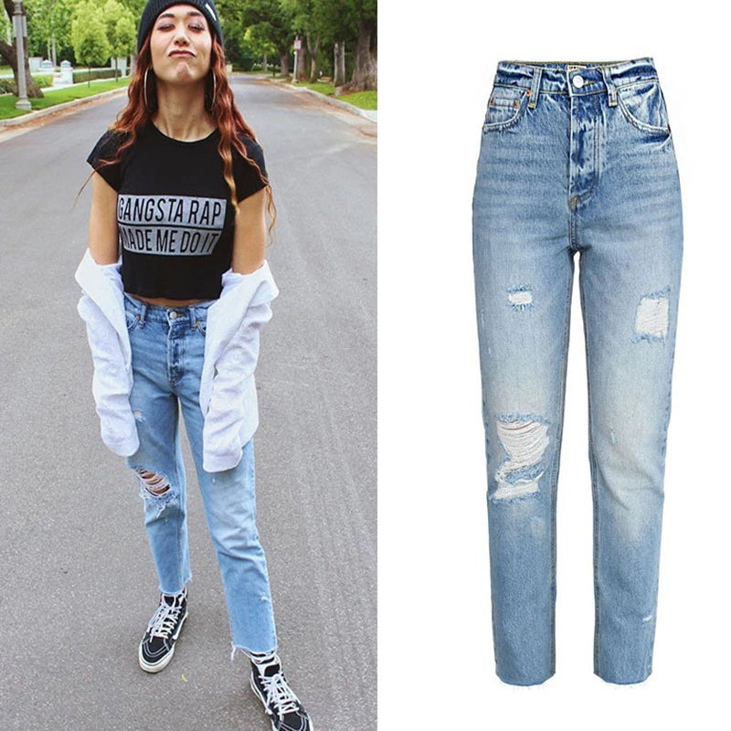 Women Fashion Chic Jeans High Waist 100% Cotton Hole Ripped Jeans for Women Casual Bleached Distressed Denim Pants Jumpers 2020