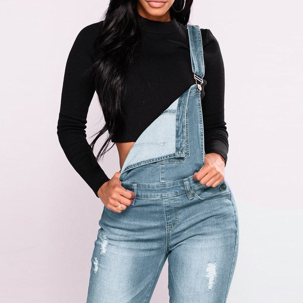 JAYCOSIN Women Jeans Overalls with Holes in Their Straps Straightforward Tight Calf Jeans Denim Overall High Waist Korean Jean