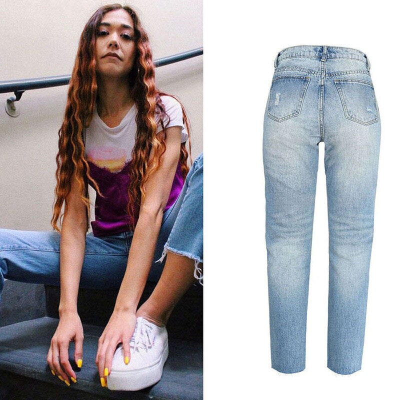 Women Fashion Chic Jeans High Waist 100% Cotton Hole Ripped Jeans for Women Casual Bleached Distressed Denim Pants Jumpers 2020