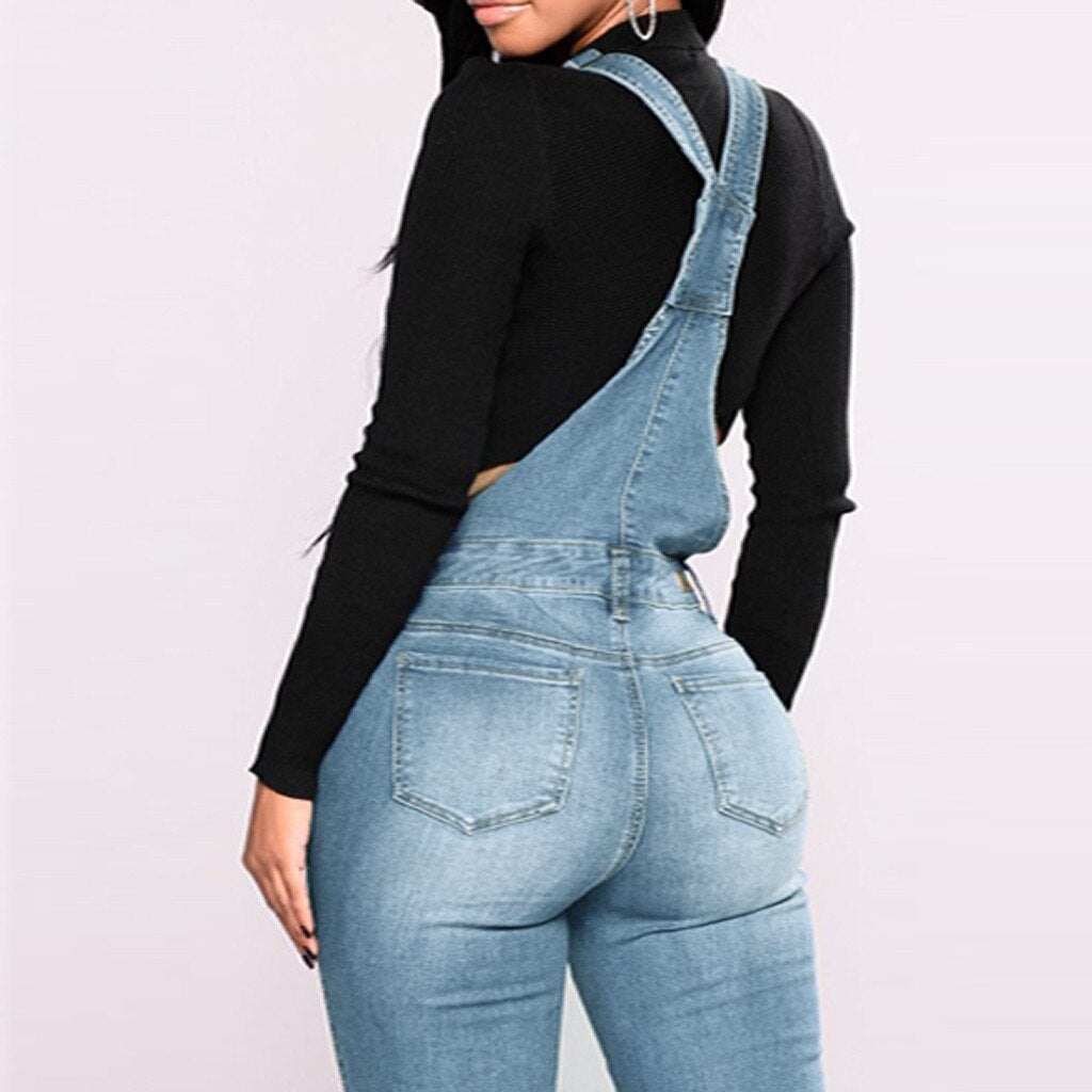 JAYCOSIN Women Jeans Overalls with Holes in Their Straps Straightforward Tight Calf Jeans Denim Overall High Waist Korean Jean