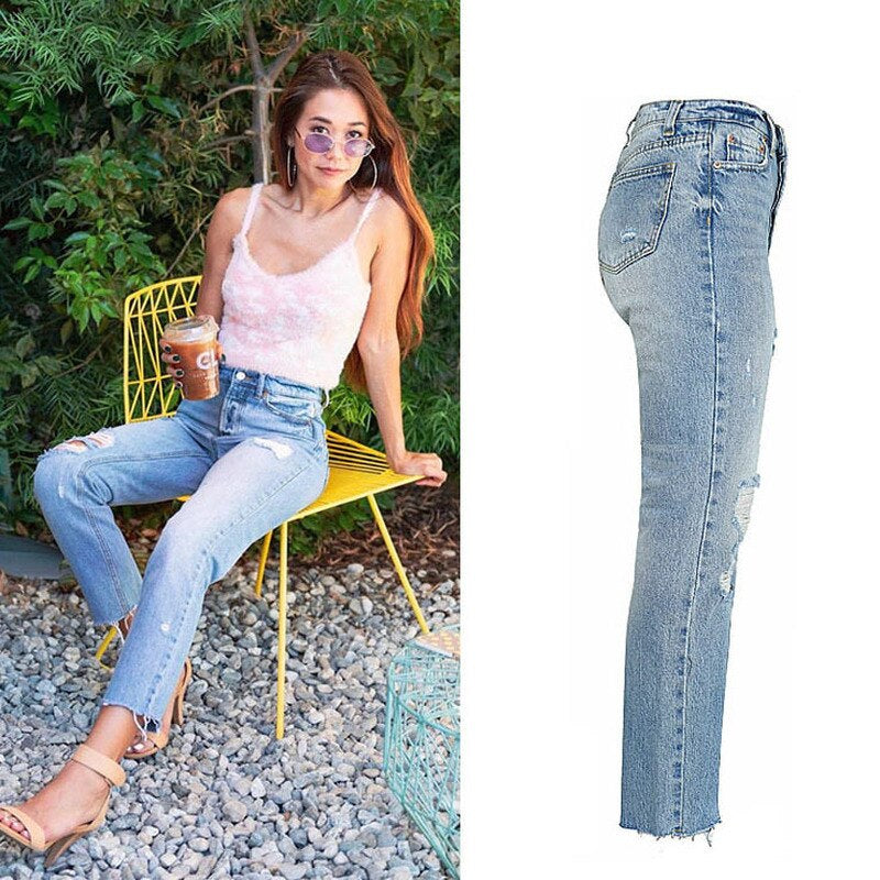 Women Fashion Chic Jeans High Waist 100% Cotton Hole Ripped Jeans for Women Casual Bleached Distressed Denim Pants Jumpers 2020