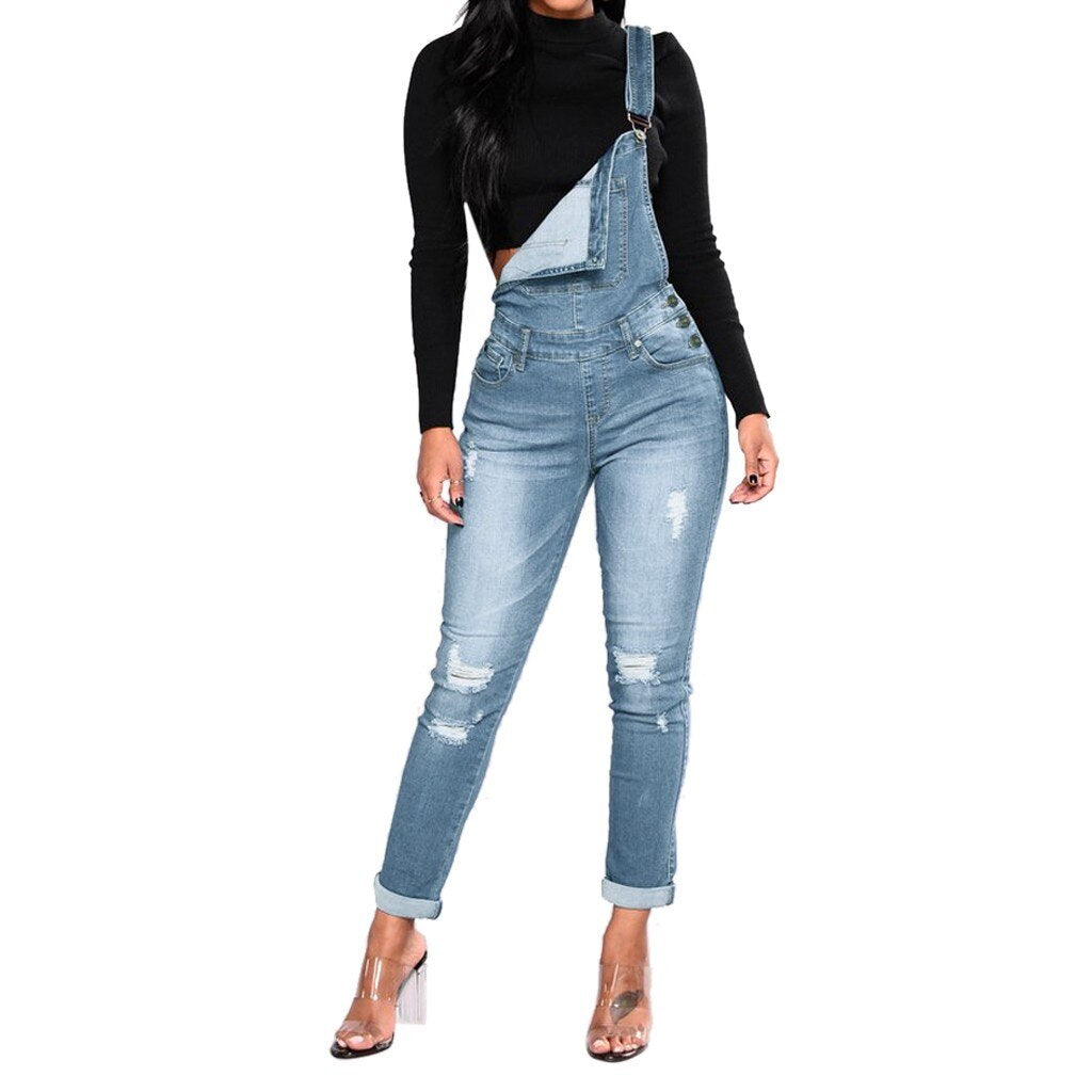 JAYCOSIN Women Jeans Overalls with Holes in Their Straps Straightforward Tight Calf Jeans Denim Overall High Waist Korean Jean