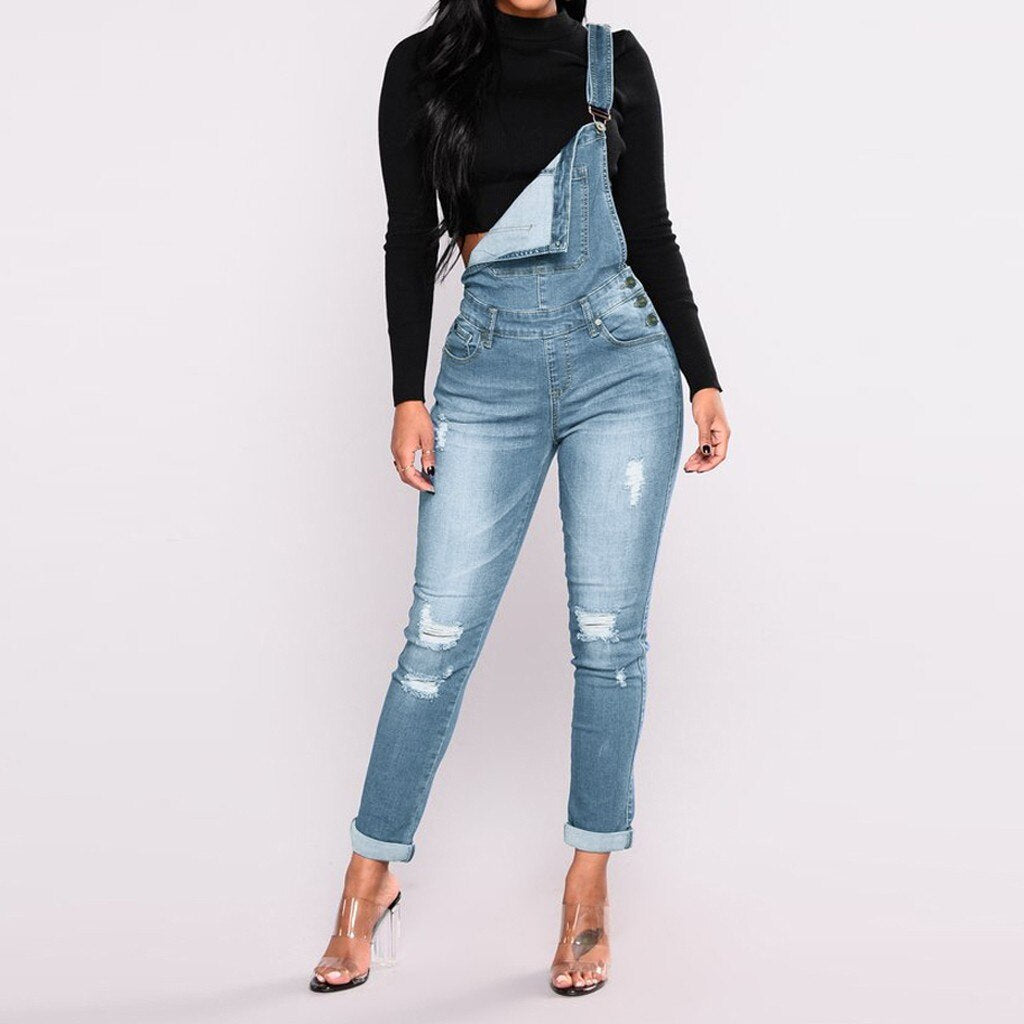 JAYCOSIN Women Jeans Overalls with Holes in Their Straps Straightforward Tight Calf Jeans Denim Overall High Waist Korean Jean